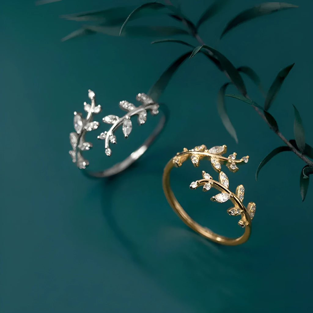 Copper branch ring with geometric leaf design in silver and gold electroplated colours