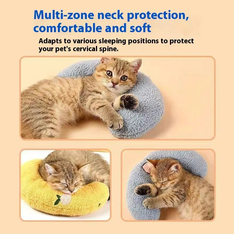 Blue U-shaped cat neck pillow in moon style next to a yellow question mark shaped pet bed.