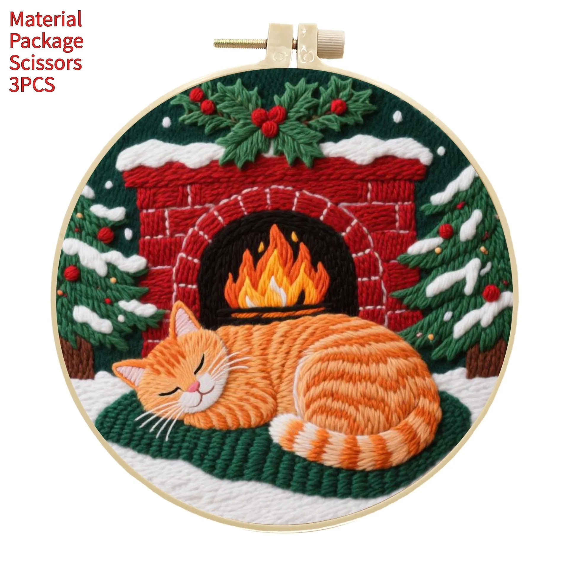 Embroidery material kit with cotton linen fabric featuring autumn fruit design, imitation bamboo hoop, and scissors.