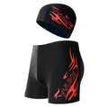 Men's plus size boxer swimming trunks with flame pattern design and matching swimming cap