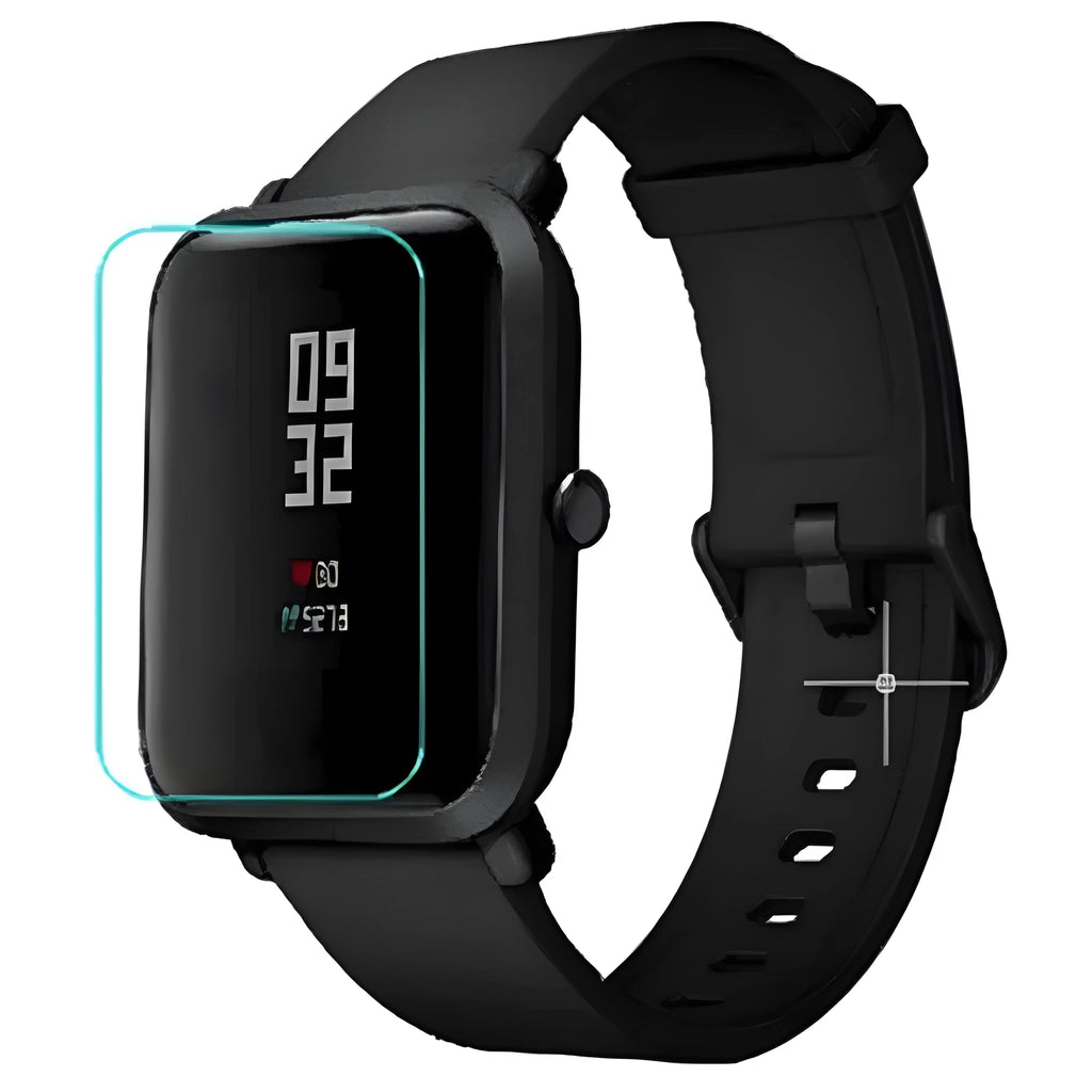 Amazfit Bip S smartwatch with clear hydrogel screen protector showing full coverage and edge alignment