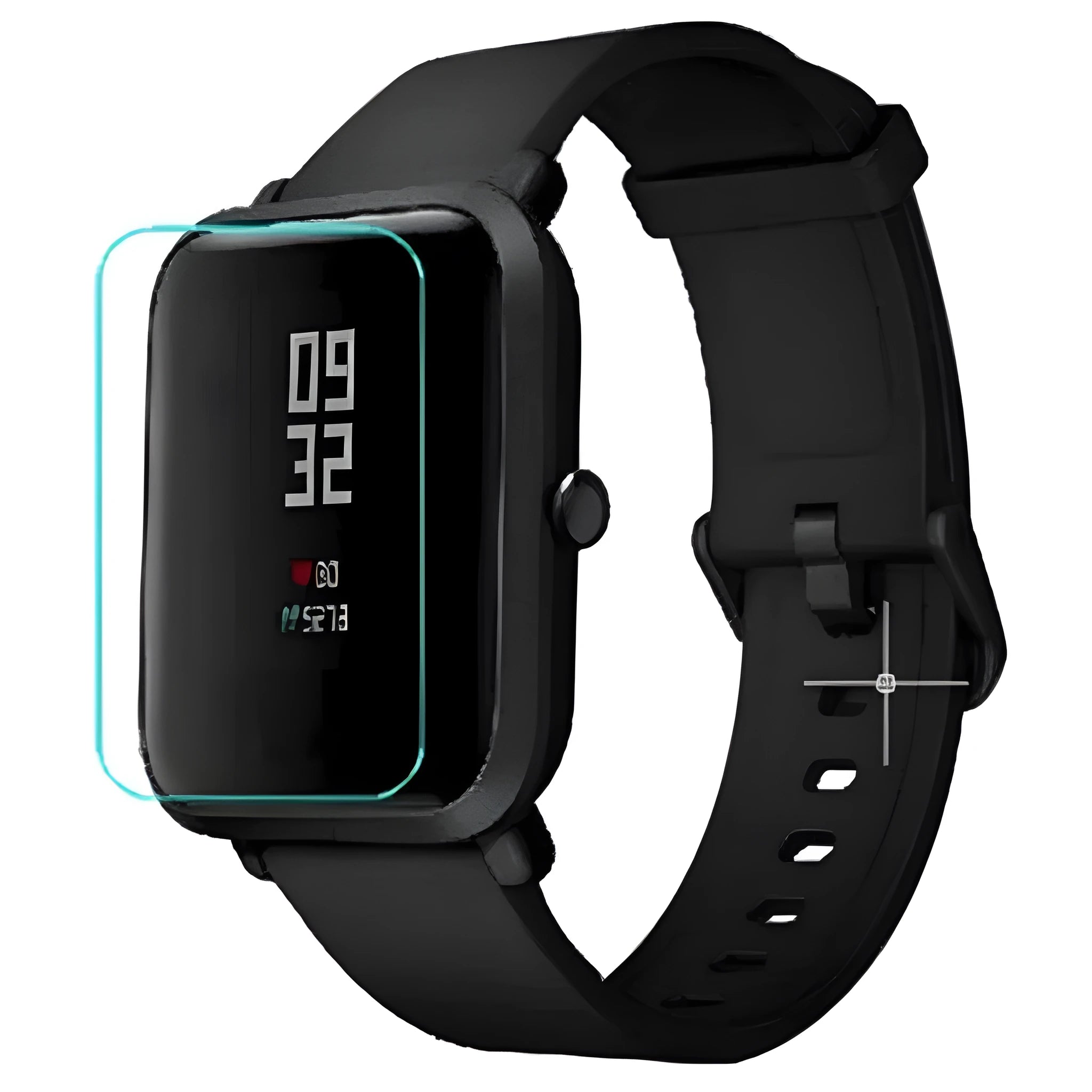 Amazfit Bip S smartwatch with clear hydrogel screen protector showing full coverage and edge alignment