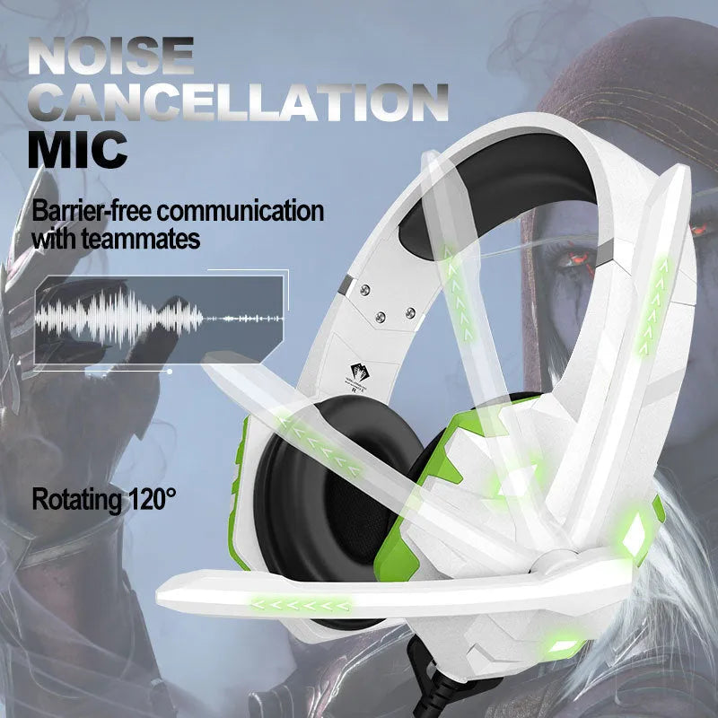 Wired over-ear gaming headset with microphone and breathing light in blue colour.