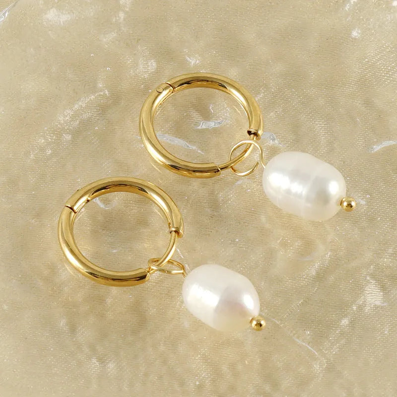 Gold electroplated stainless steel geometric earrings with pearl elements for women