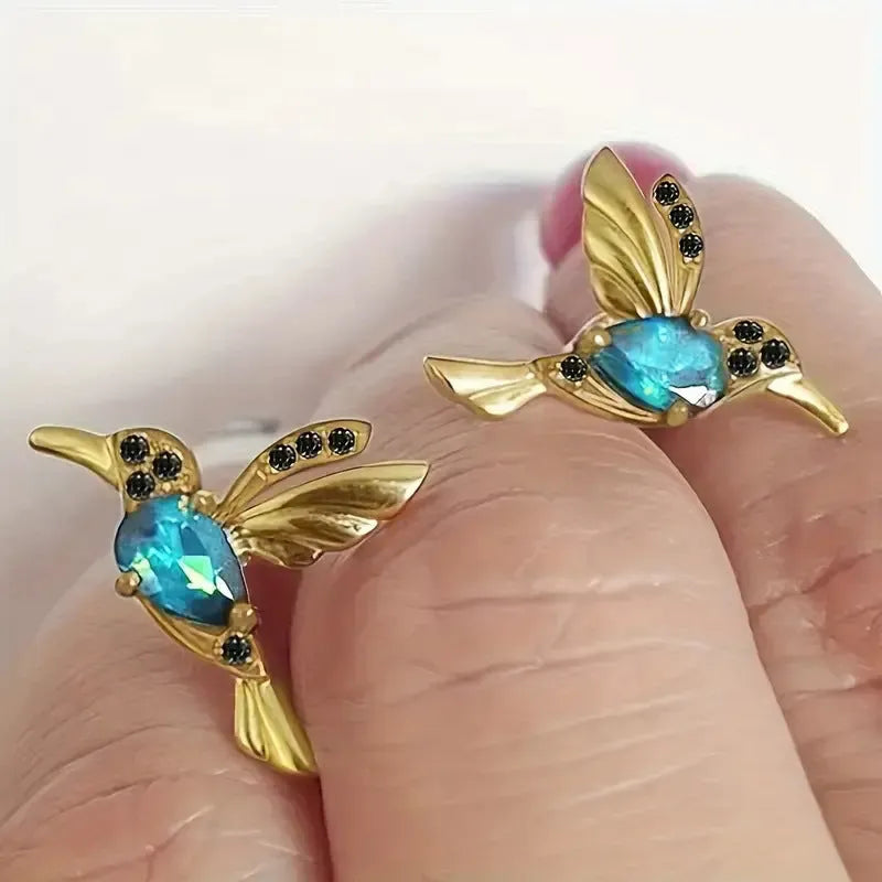 Long style bird hanging earrings with mixed zircon wings in red or blue electroplated alloy for women