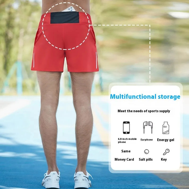 Men's loose fit off-road running shorts in red, shown with high waist and quick-dry fabric for marathon running.