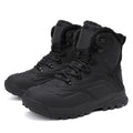 Men's black high-top lace-up boots with fleece lining, shown on a size 45 foot.