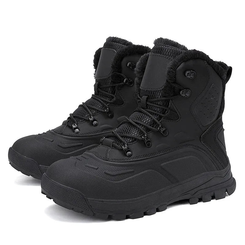 Men's black high-top lace-up boots with fleece lining, shown on a size 45 foot.