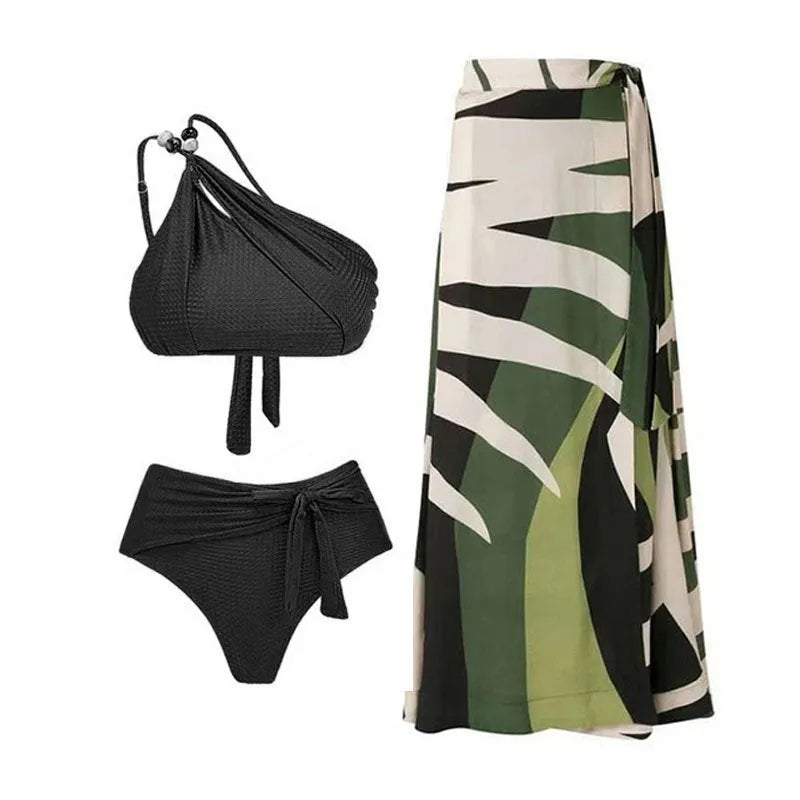 Women's high-waisted push-up swimsuit with brown chiffon dress cover-up showing split skirt design