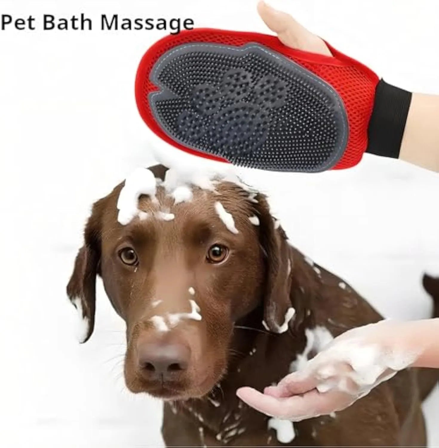 Red pet bathing glove with silicone brush bristles for dog and cat grooming during washing