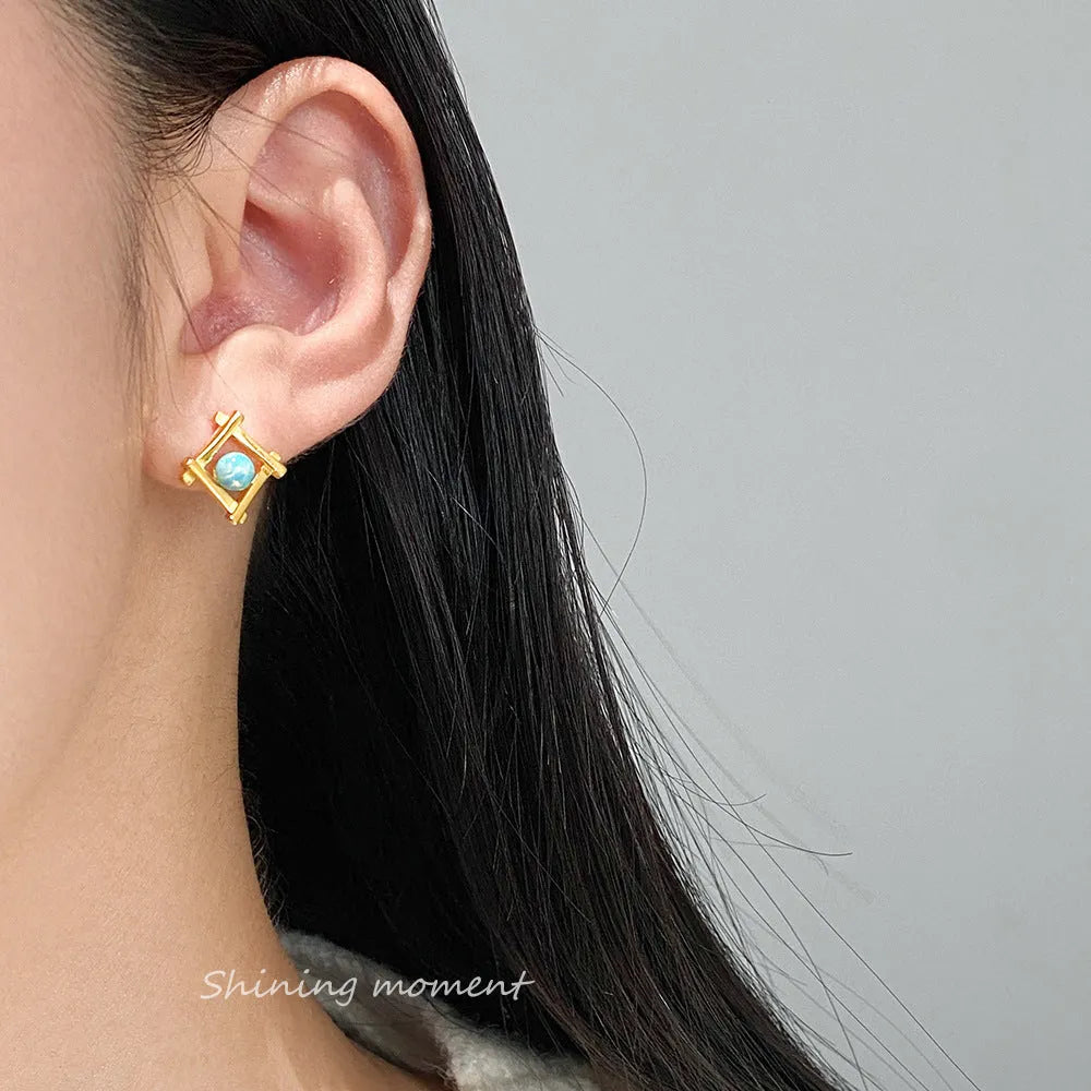 Geometric cross quadrangle stud earrings in sterling silver with gold or silver plating options