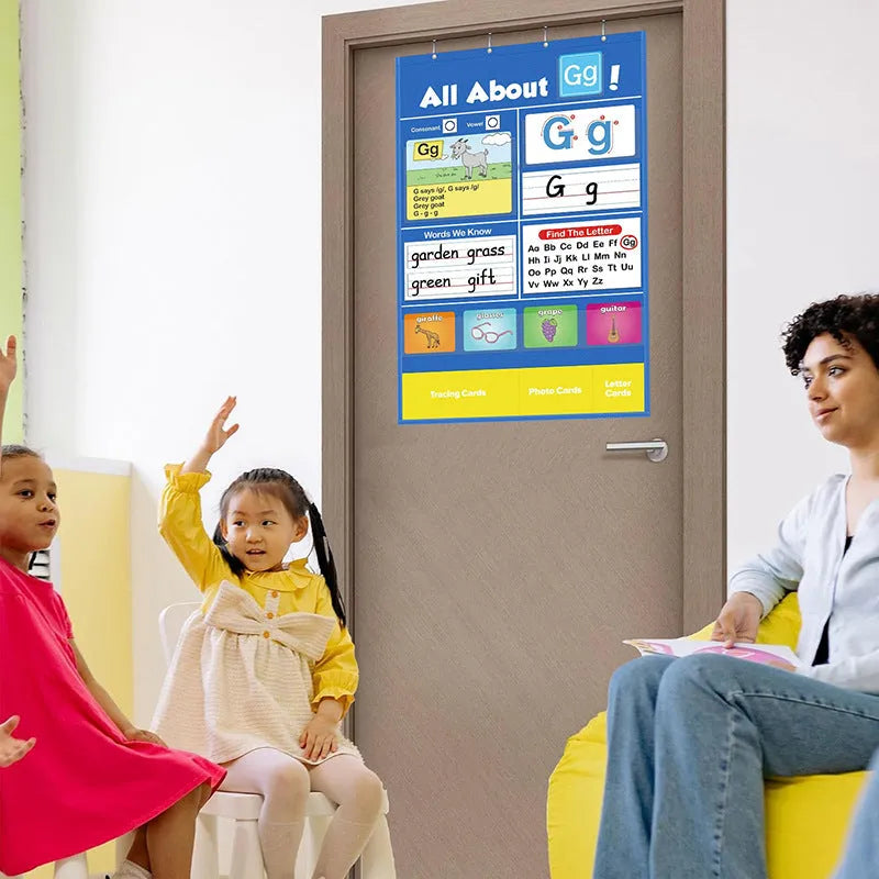 Large blue alphabet learning chart mat with word cards, letter cards, and picture cards for children's education