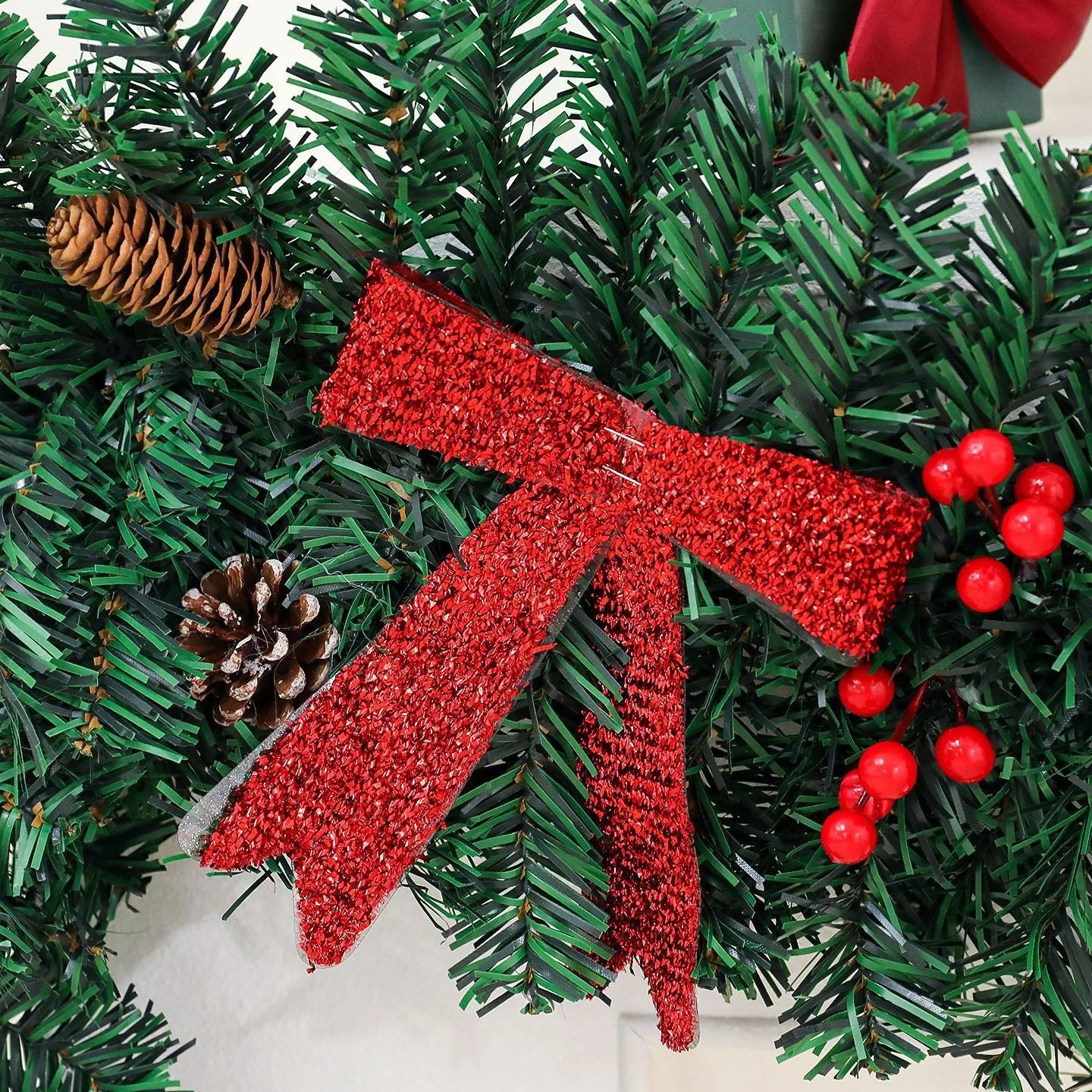 European style PVC Christmas cane decoration with rattan design, pine cones and decorative bow