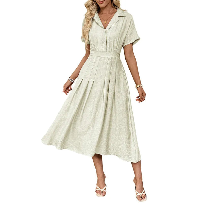 Light green women's twill shirt dress with lapel collar, waist tie, and a pocket.
