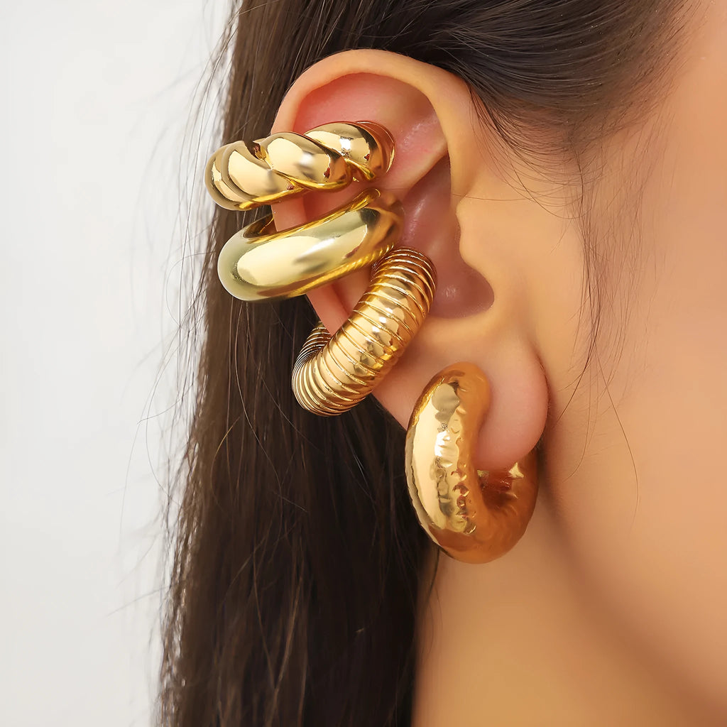 Geometric gold and silver clip-on earrings set with four pieces, exaggerated ins style design