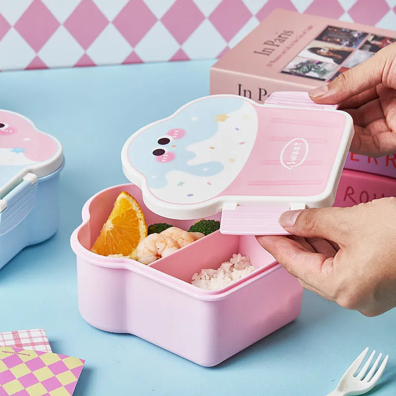Pink and blue creative ice cream shaped plastic bento lunch box with included spoon and fork.