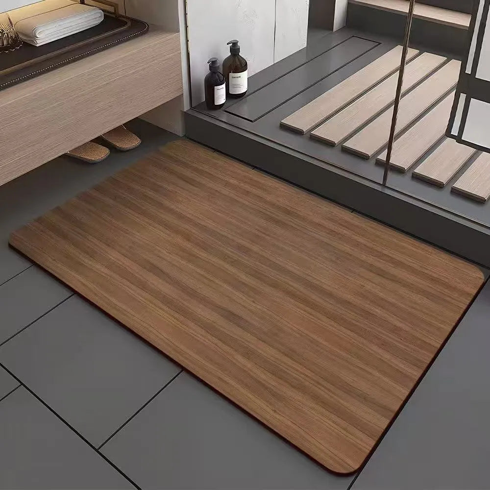 American-style square bath mat with wood grain pattern on a bathroom floor.