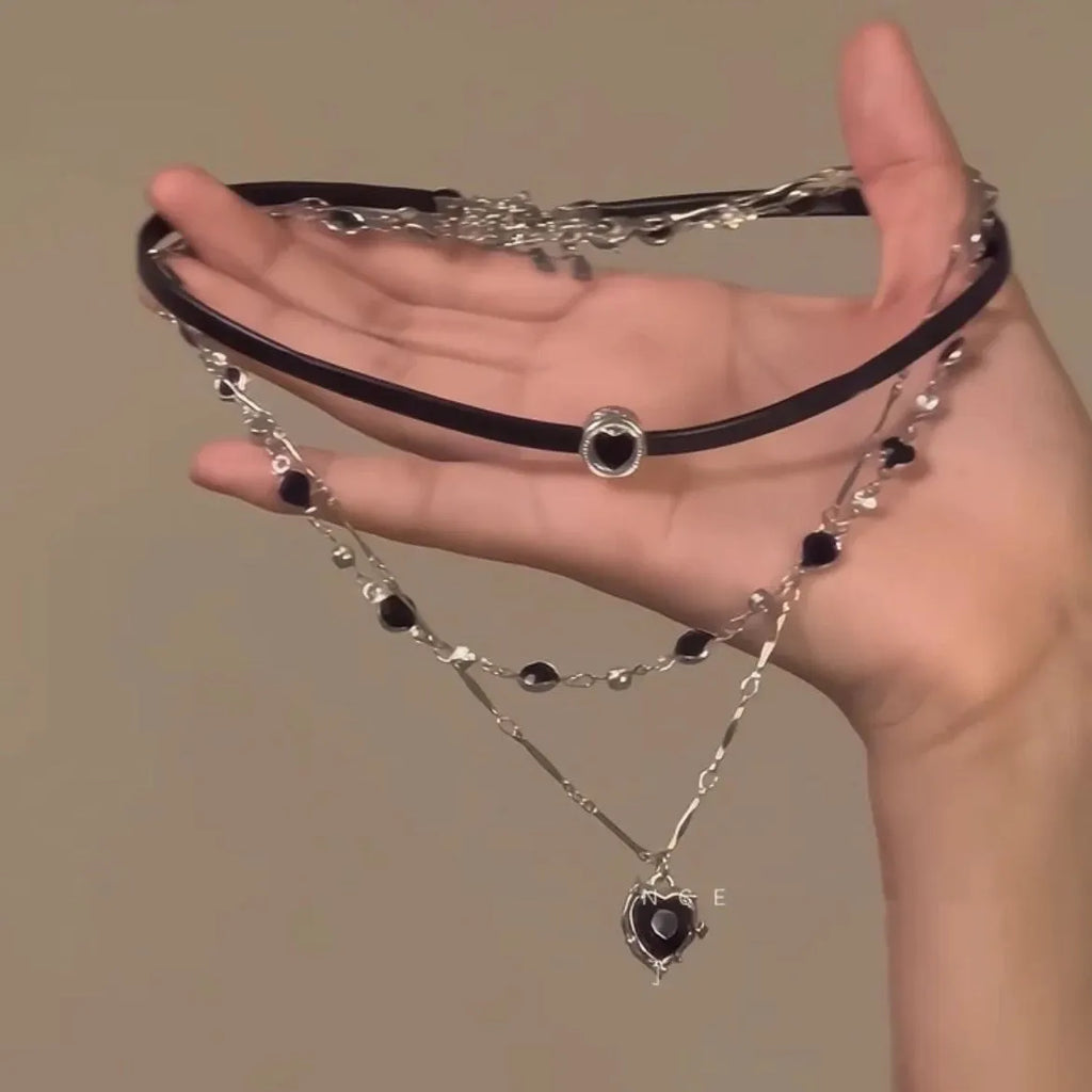 Women's multi-layer twin necklace set with heart pendants on adjustable clavicle chain