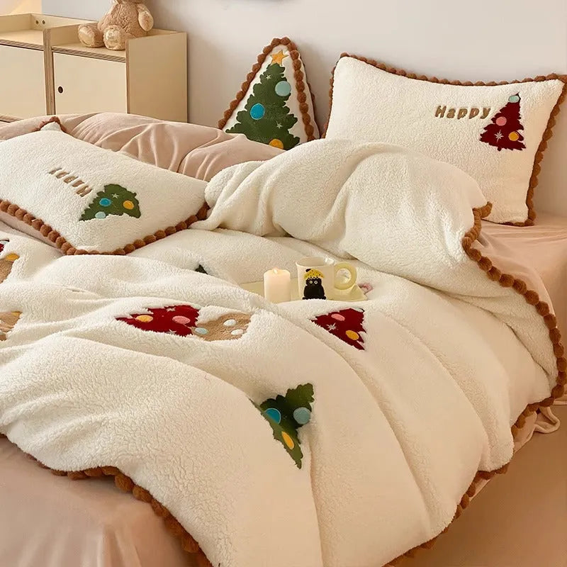 Bright yellow Christmas tree bedding set with fleece lining for winter warmth