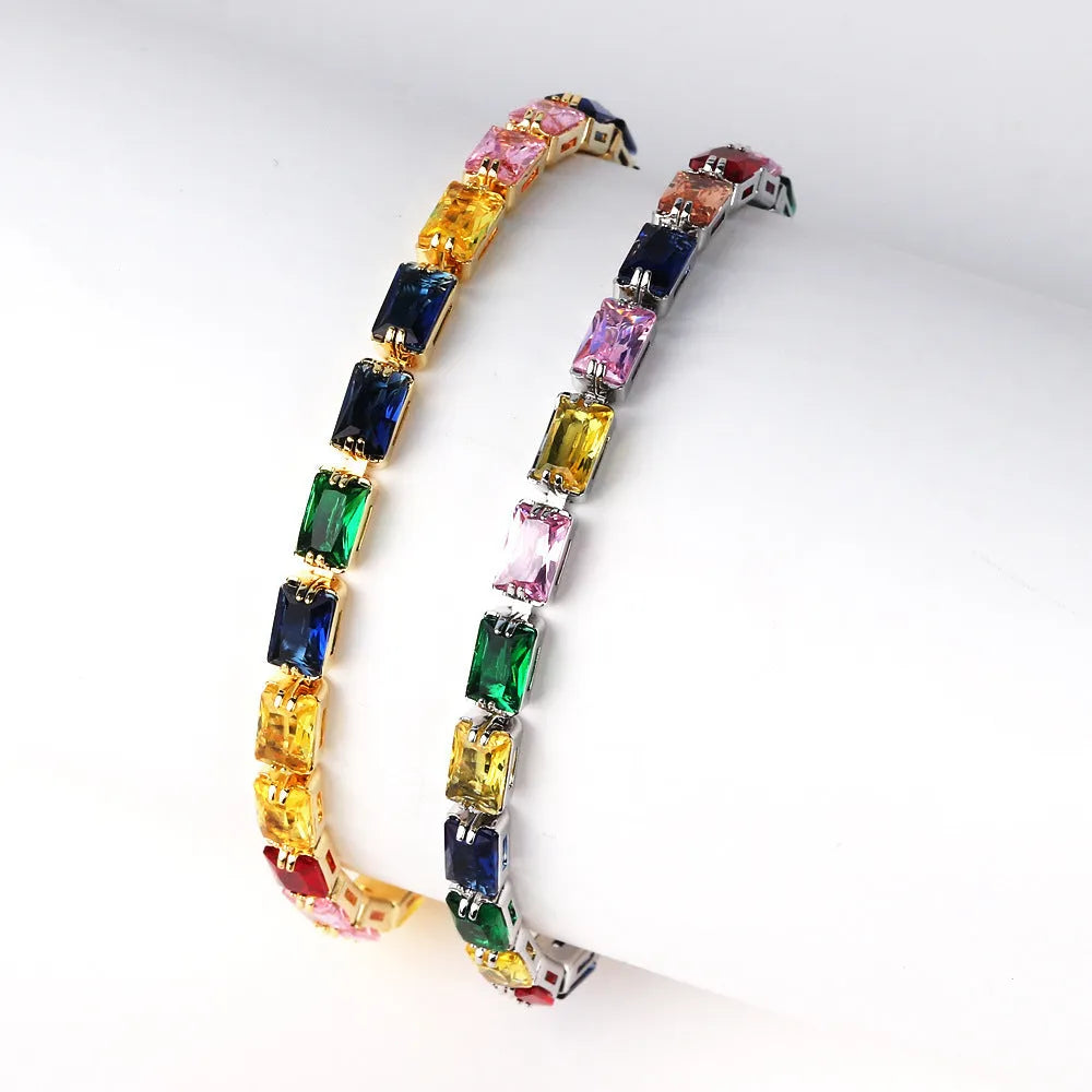Gold or platinum electroplated women's bracelet with coloured zircon stones in ins style.