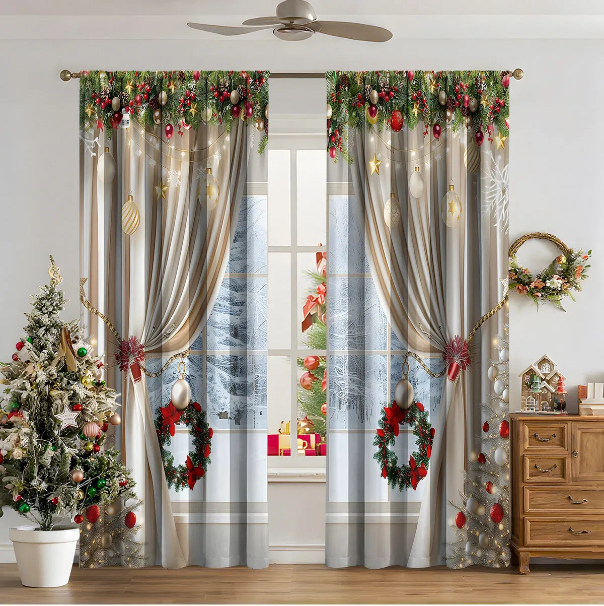 3D digital printed Christmas curtains in polyester fabric with festive patterns