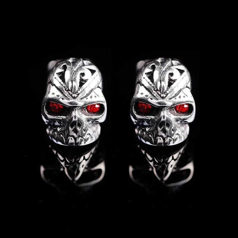 Retro skull stud earrings with red eye detailing and alloy artificial gemstone inlay