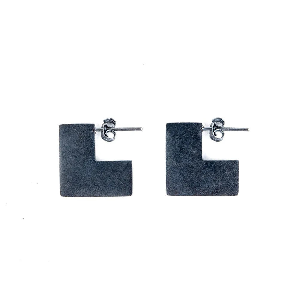 Square sterling silver earrings with oxidised black finish, geometric design