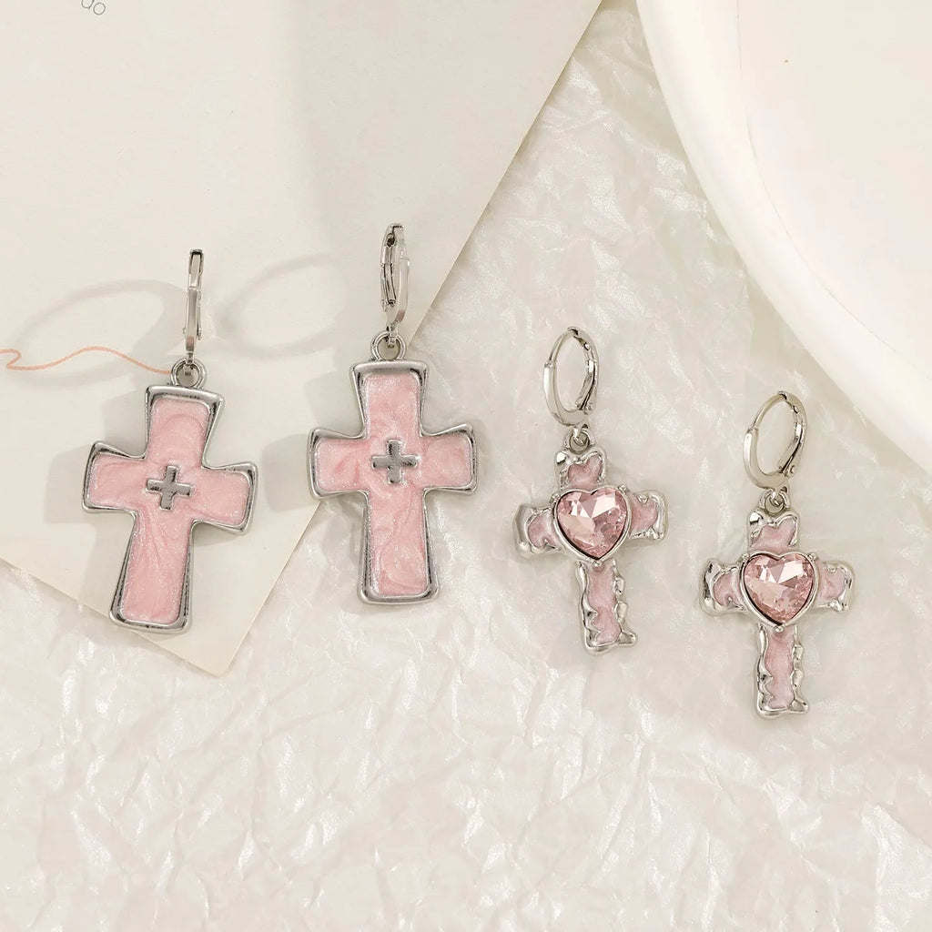 Women's classic cross crystal earrings in five colour options with dripping oil treatment finish