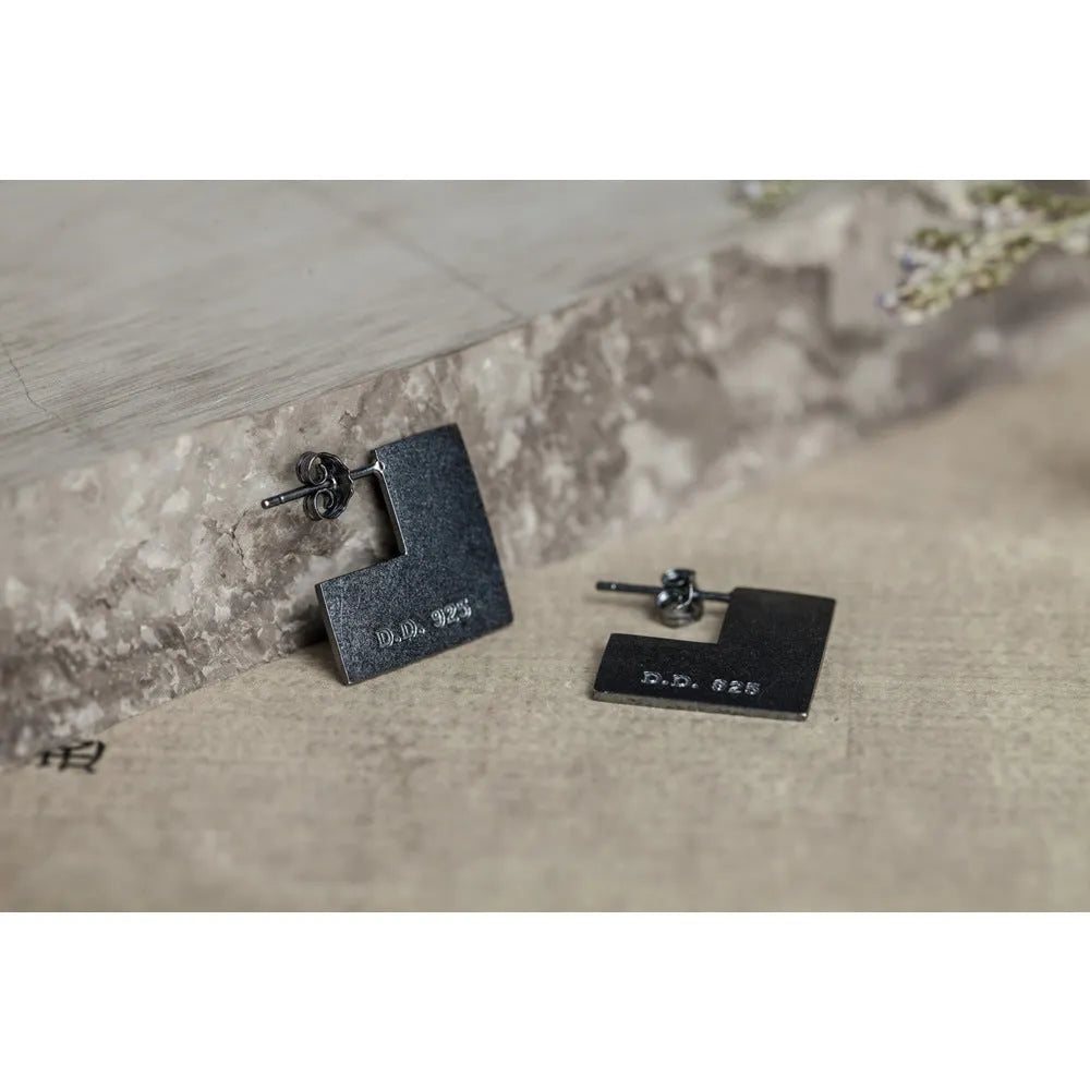 Square sterling silver earrings with oxidised black finish, geometric design
