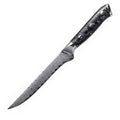 Damascus steel eight-piece kitchen knife set showing fishbone pattern on blades, including fruit, steak, boning, and chef's knives.