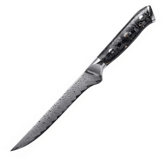 Damascus steel eight-piece kitchen knife set showing fishbone pattern on blades, including fruit, steak, boning, and chef's knives.