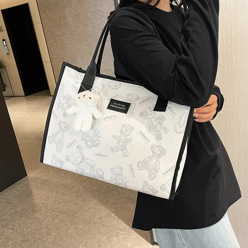 Women's large capacity canvas tote bag with rhombus pattern in black colour option