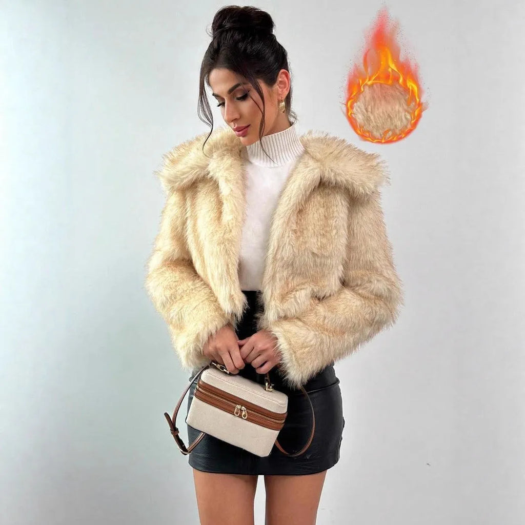 Artificial fur coat with fur collar in short 40cm length showing black tip on black colour variation