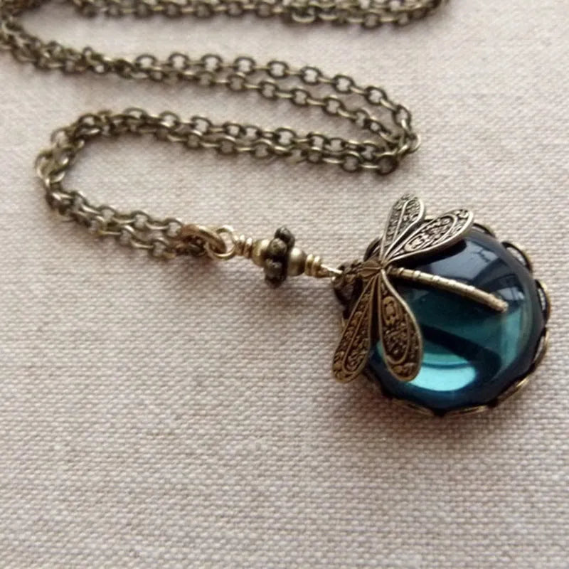 Yellow 925 silver hand carved dragonfly pendant necklace with pastoral style design