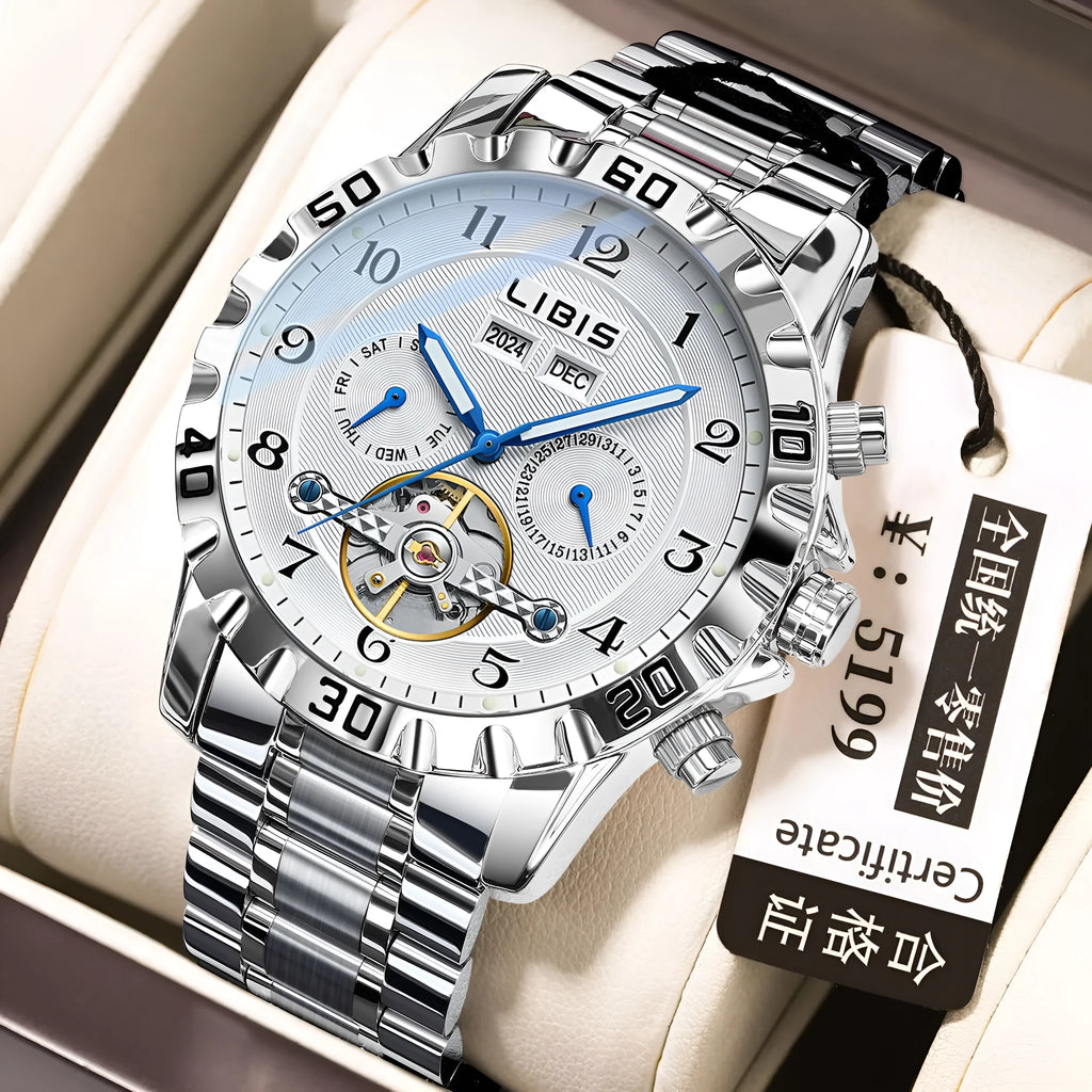 Men's silver stainless steel automatic perpetual calendar mechanical watch on wrist.