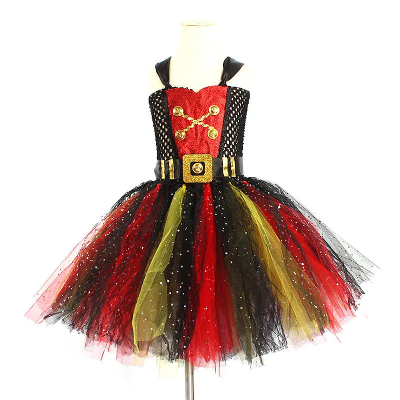 Girls pirate costume dress with sequin trim and gauze panels in sleeveless design for Halloween events
