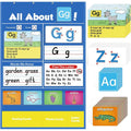Large blue alphabet learning chart mat with word cards, letter cards, and picture cards for children's education