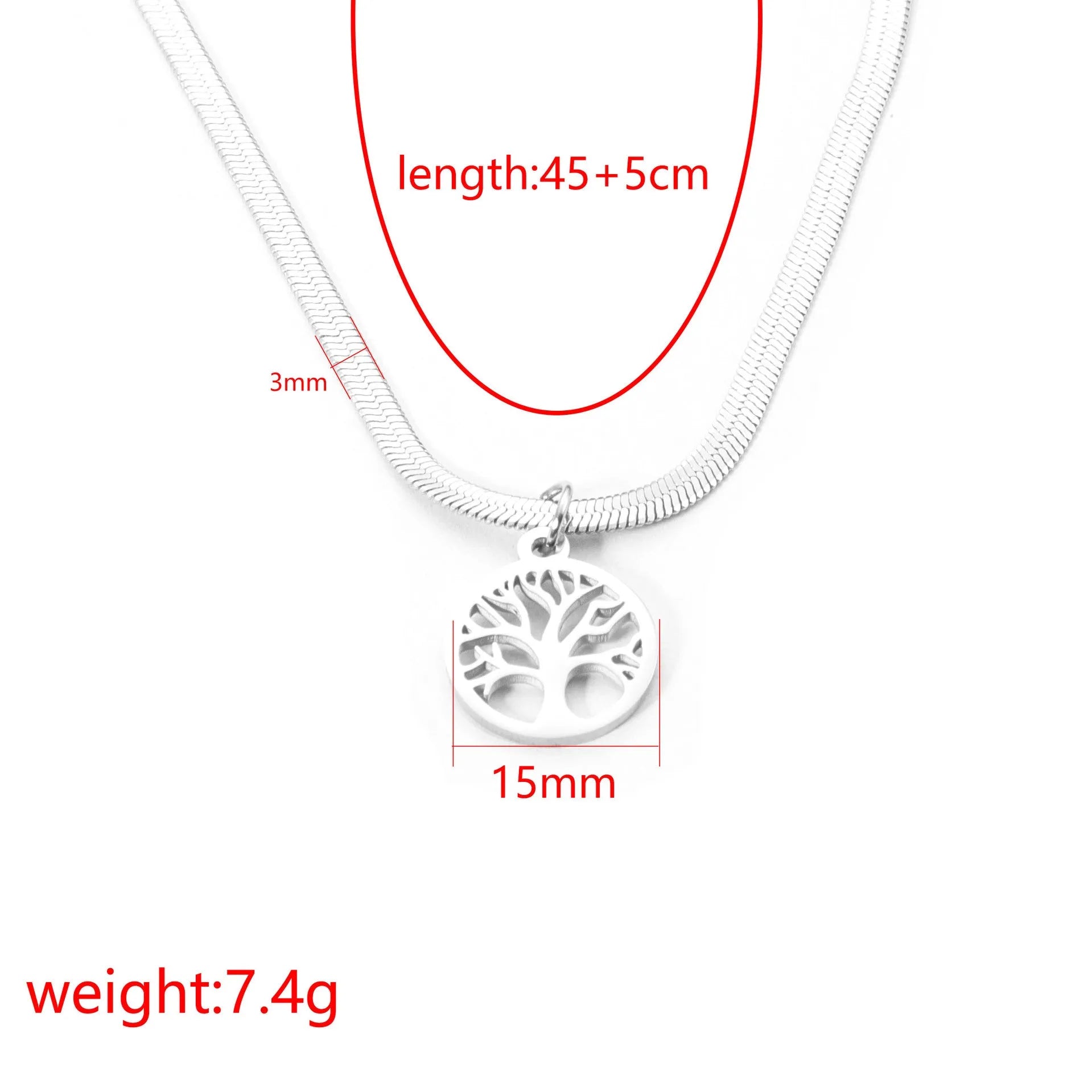Gold tone lucky tree pendant necklace on a textured snake chain against a plain background.