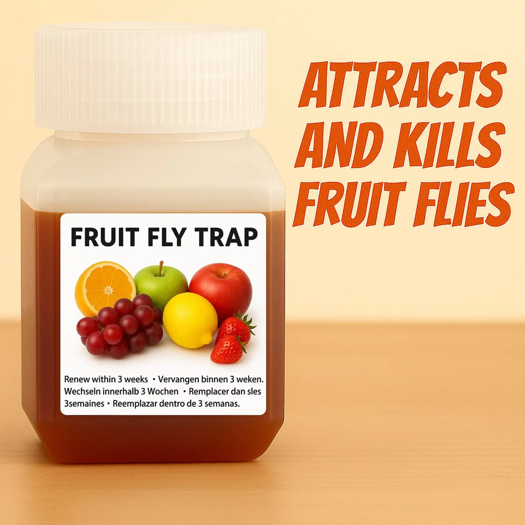 Bottle of SK003 fruit fly bait liquid for use in insect traps.