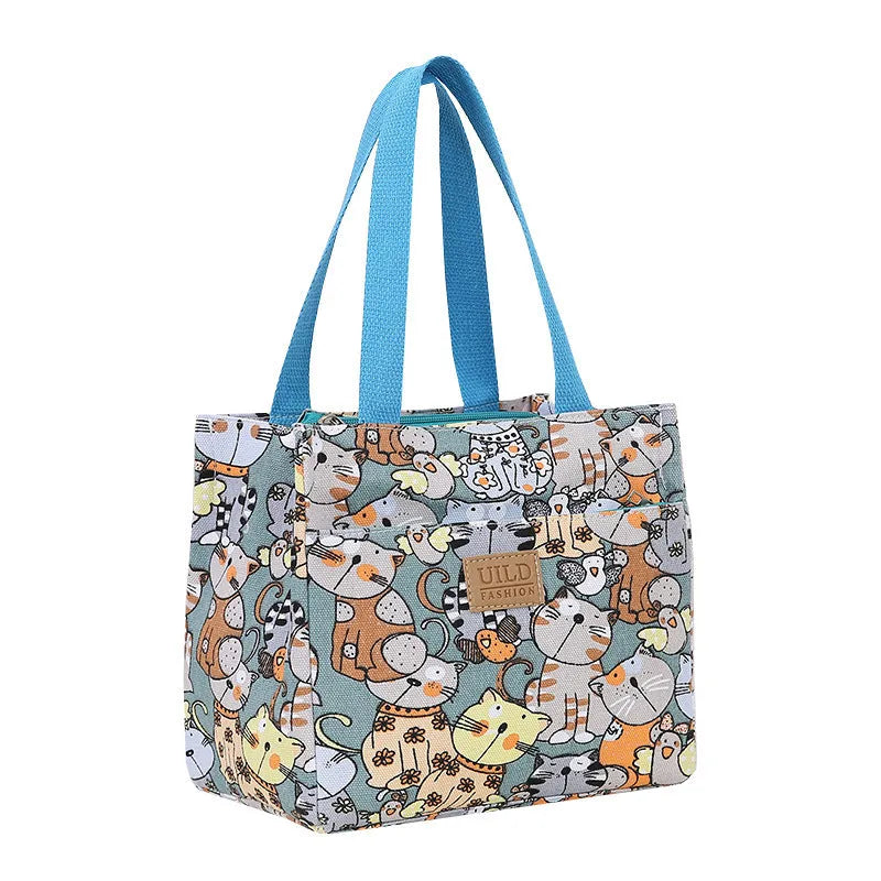 Women's portable printed canvas bag with aluminium frame in horizontal square shape