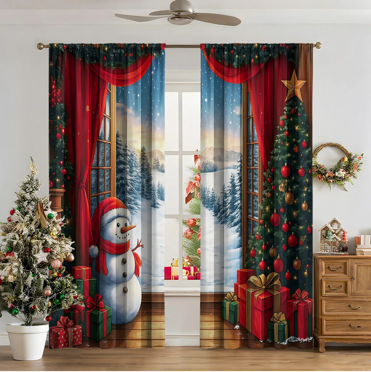 3D digital printed Christmas curtains in polyester fabric with festive patterns