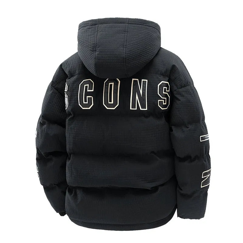 Men's black cotton-padded hooded winter coat with letter print, shown in a cardigan style.