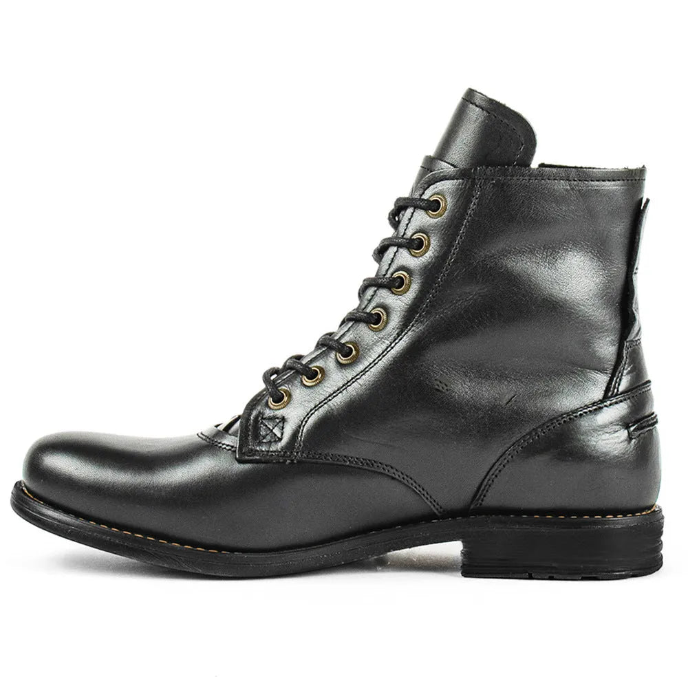 Knight Series black leather boot with side zipper and low heel on a plain background.