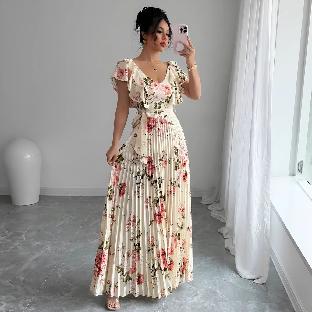 Apricot floral print dress with V-neck, ruffled sleeves and oversized swing skirt