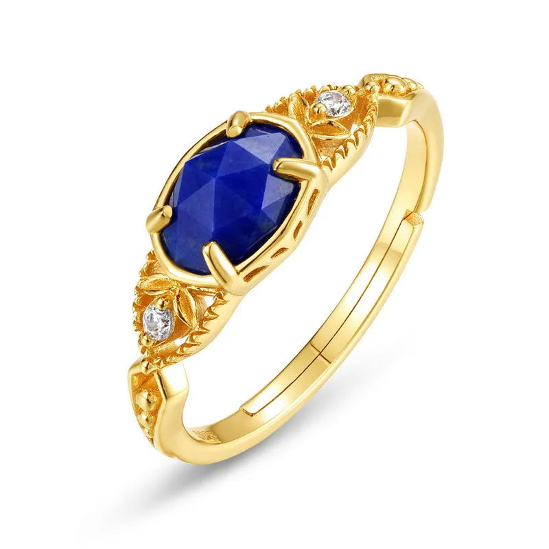 Japanese style geometric silver ring with blue lapis lazuli stone ellipse design