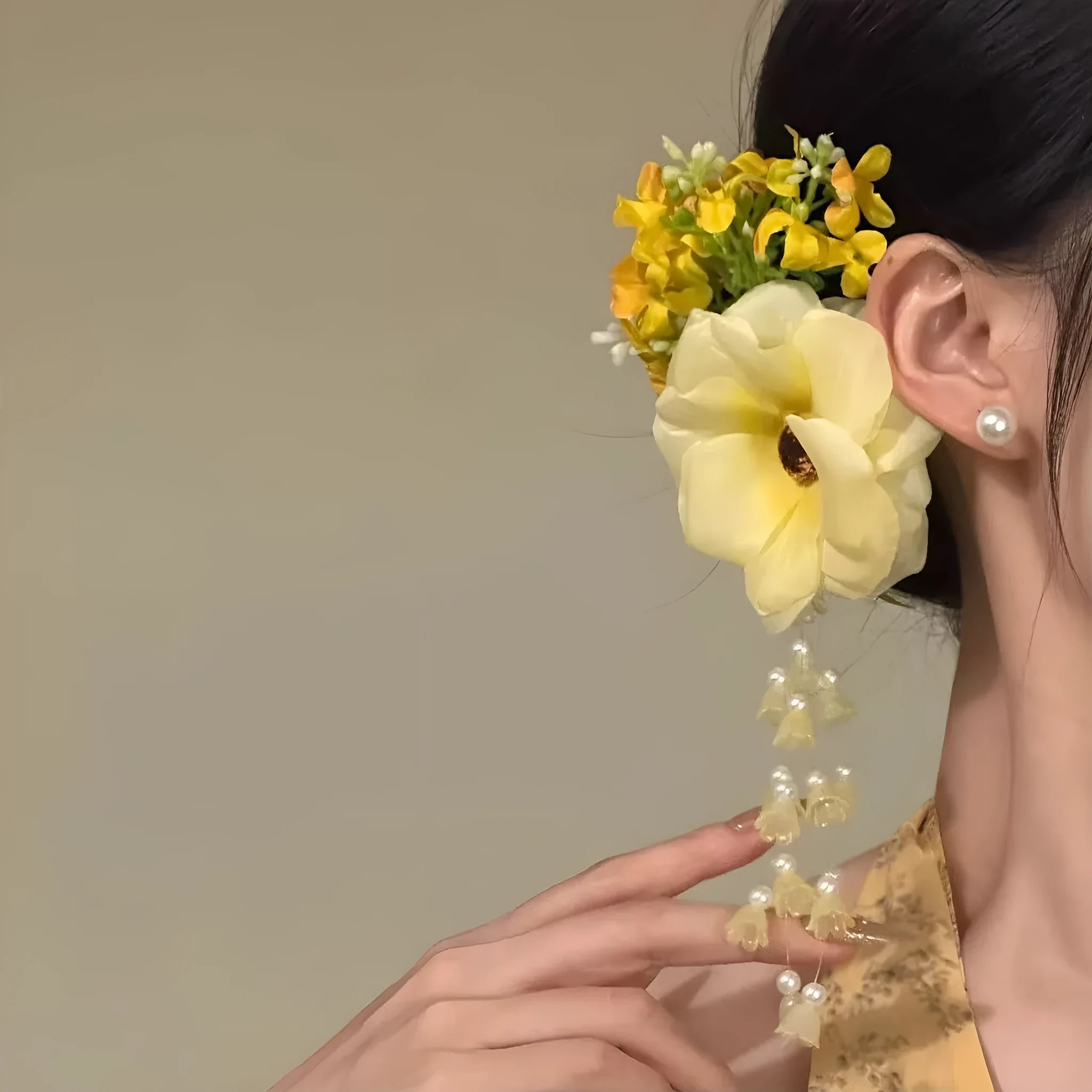 Yellow and purple floral tassel hair clips with side clip fitting for women