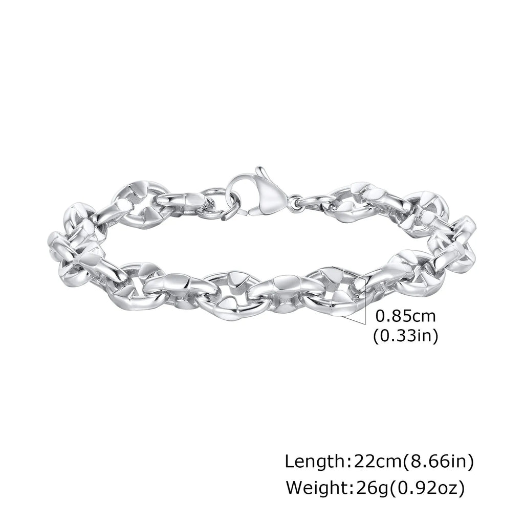 Men's stainless steel geometric link chain bracelet showing thick handmade construction