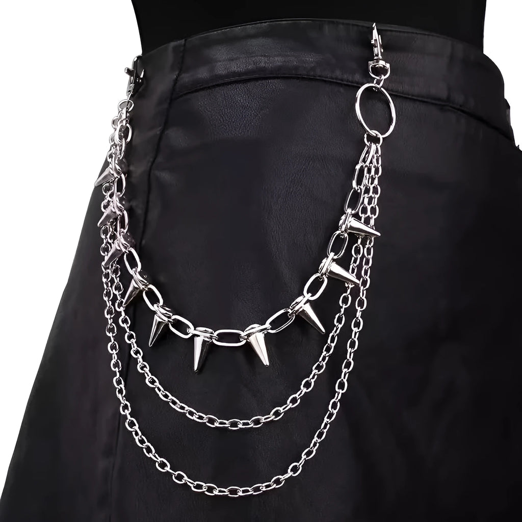 Silver metal pants chain with double layer design and punk rivet ornaments on dark background