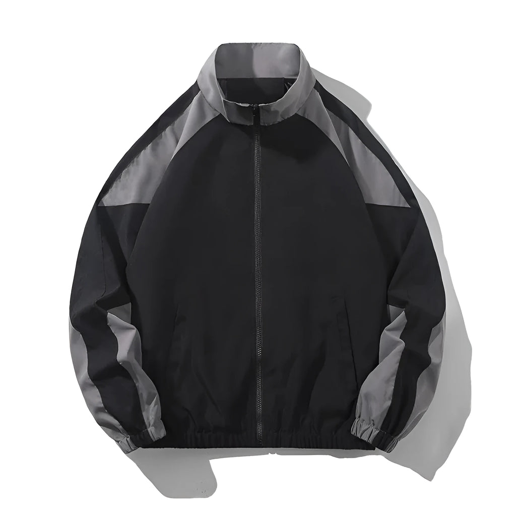 Men's black casual jacket with contrast colour stitching detail on the front, showing side seam pockets.
