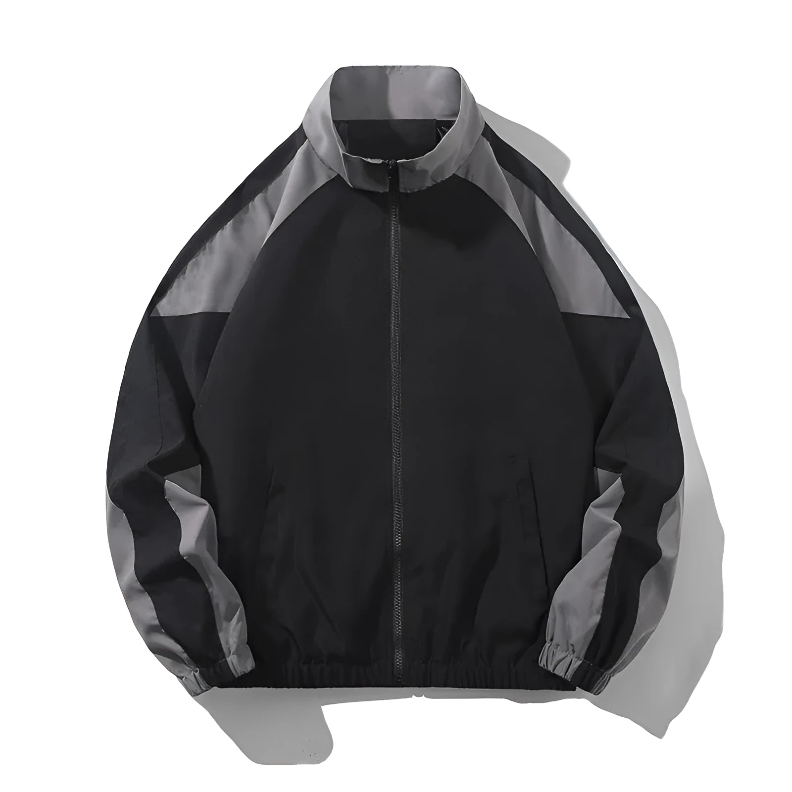 Men's black casual jacket with contrast colour stitching detail on the front, showing side seam pockets.